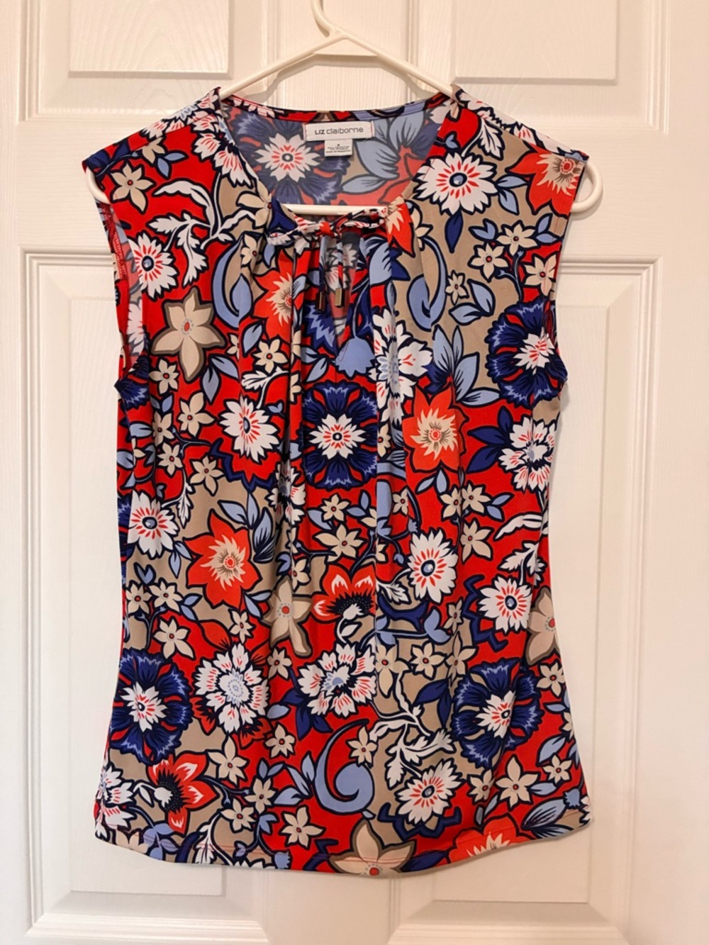 Liz Claiborne Top Blouse Knit Sleeveless Floral Keyhole Orange, Blue Sz Small